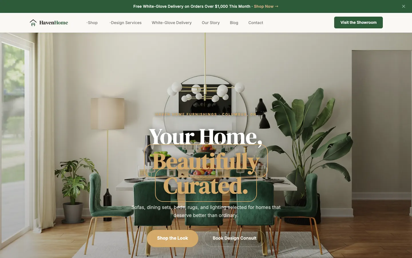 Screenshot of Haven Home Furnishings, a Furniture Store website built on WorkspaceCMS — Room Inspiration Gallery + Category Browsing.