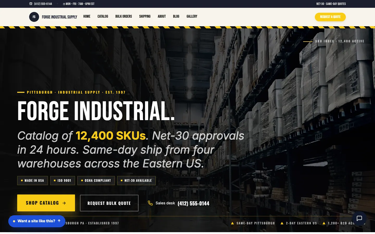 Screenshot of Forge Industrial Supply, a Industrial Supply website built on Workspace CMS — Net-30 Quote Builder.