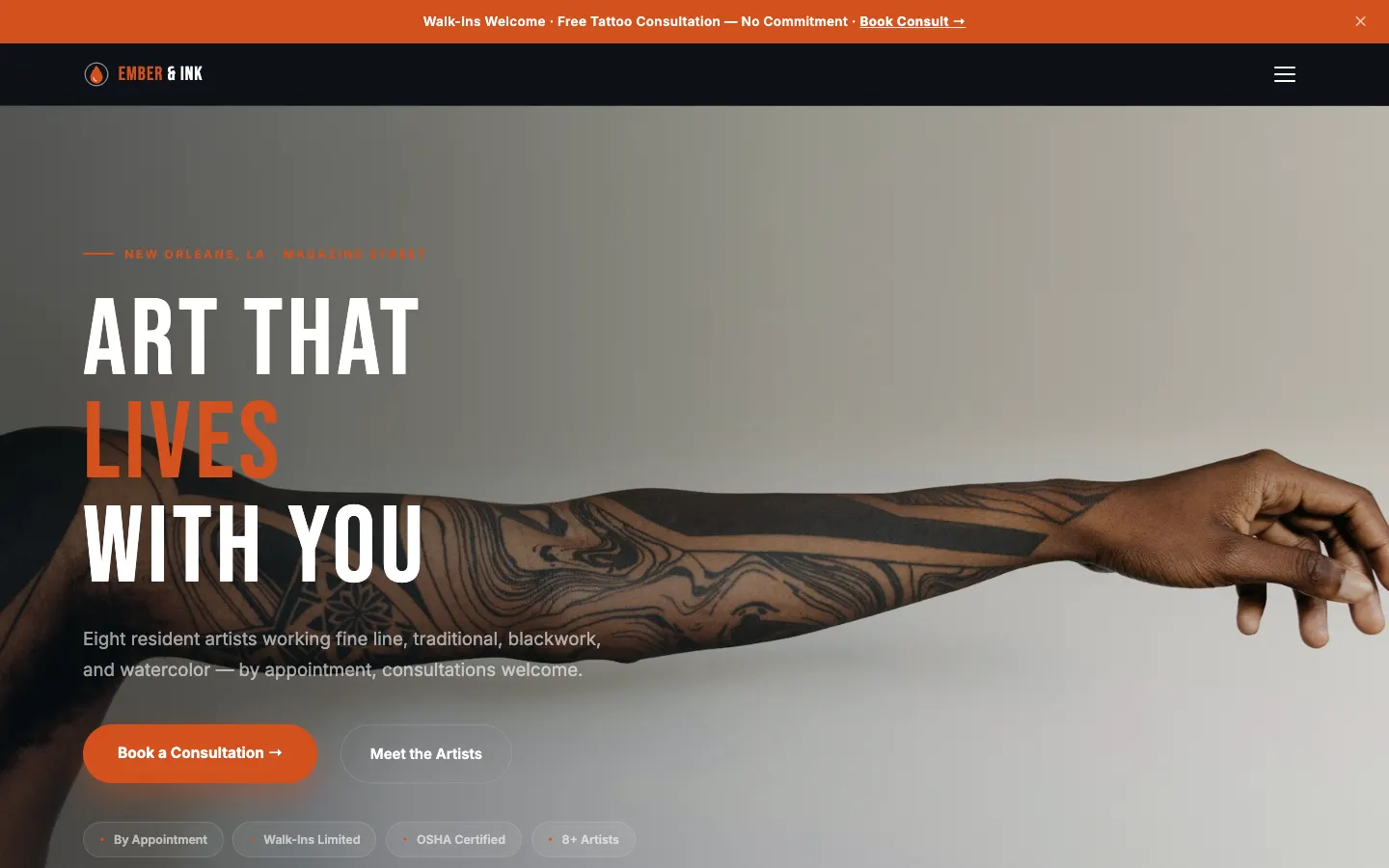 Screenshot of Ember & Ink Tattoo Studio, a Tattoo Studio website built on WorkspaceCMS — Artist Roster with Style Gallery + Booking.