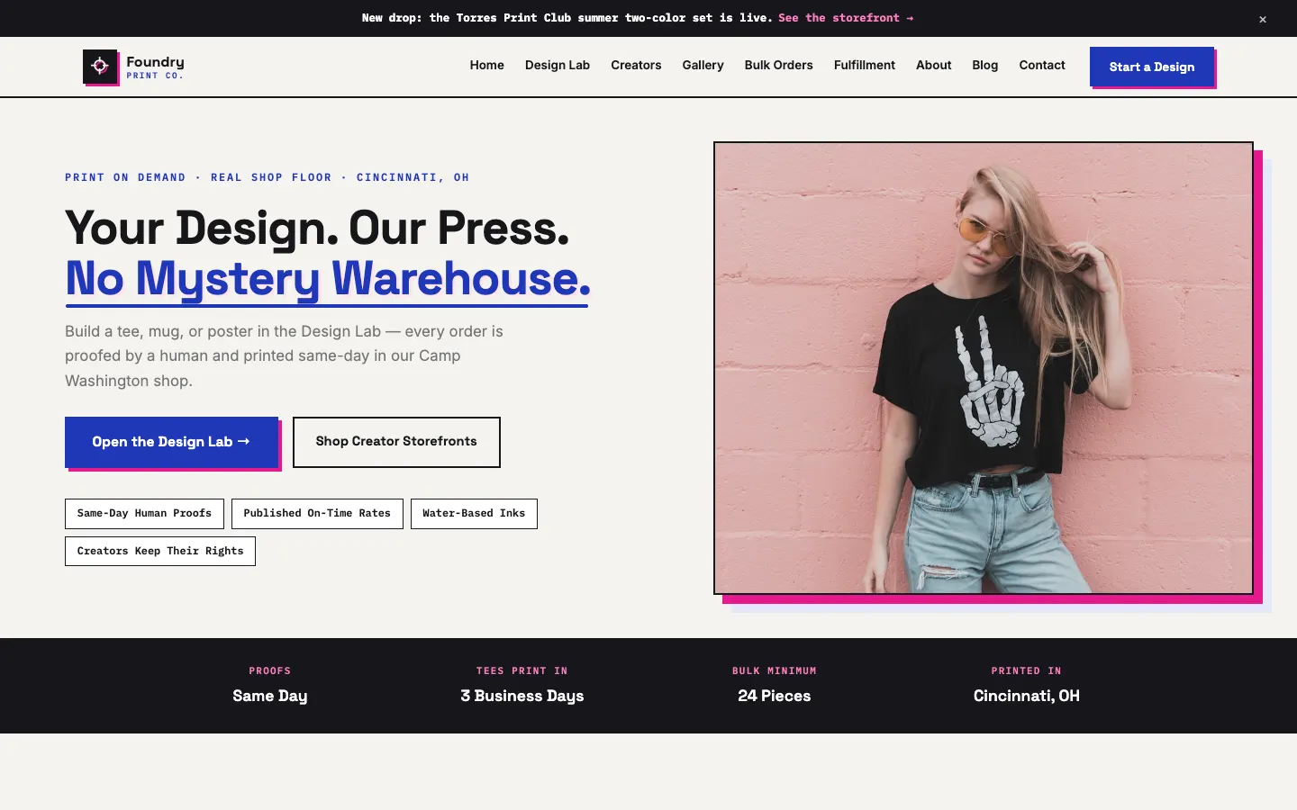 Screenshot of Foundry Print Co., a Print on Demand website built on WorkspaceCMS — Design-Your-Own Configurator + Creator Storefronts.
