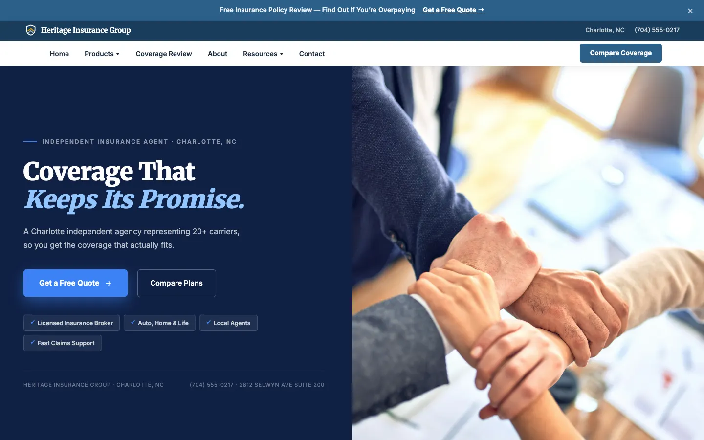Screenshot of Heritage Insurance Group, a Insurance Agency website built on WorkspaceCMS — Multi-Line Product Comparison Cards.