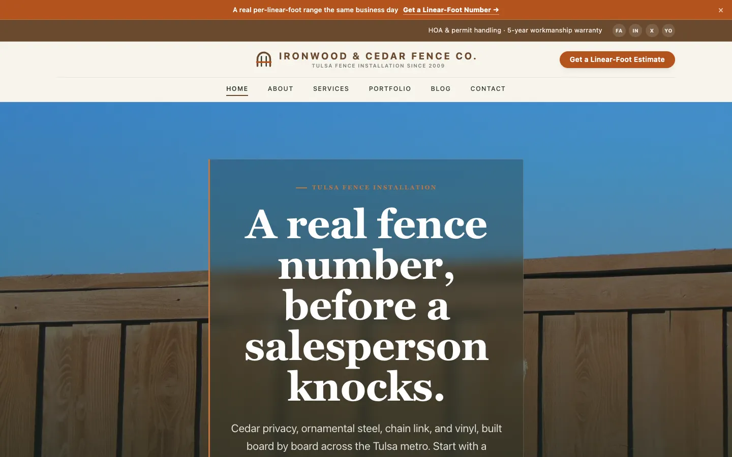 Screenshot of Ironwood & Cedar Fence Co., a Fence Installation website built on WorkspaceCMS — Six-Install Portfolio + "The Grain" Field Notes.