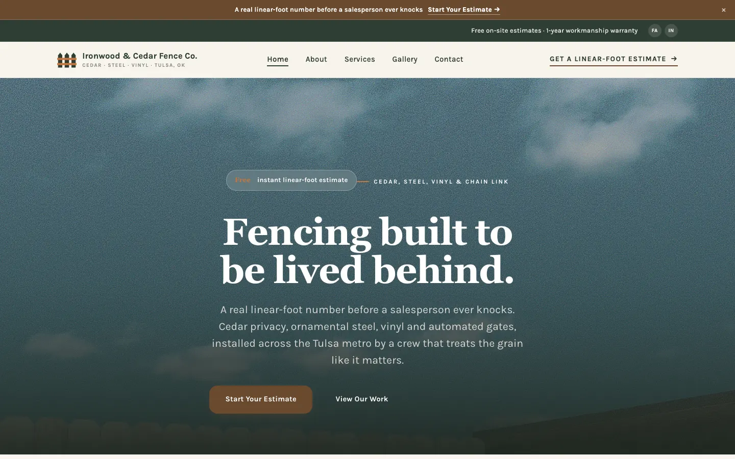 Screenshot of Ironwood & Cedar Fence Co., a Fence Installation website built on WorkspaceCMS — Linear-Foot Estimate Flow + Material Comparison Table.