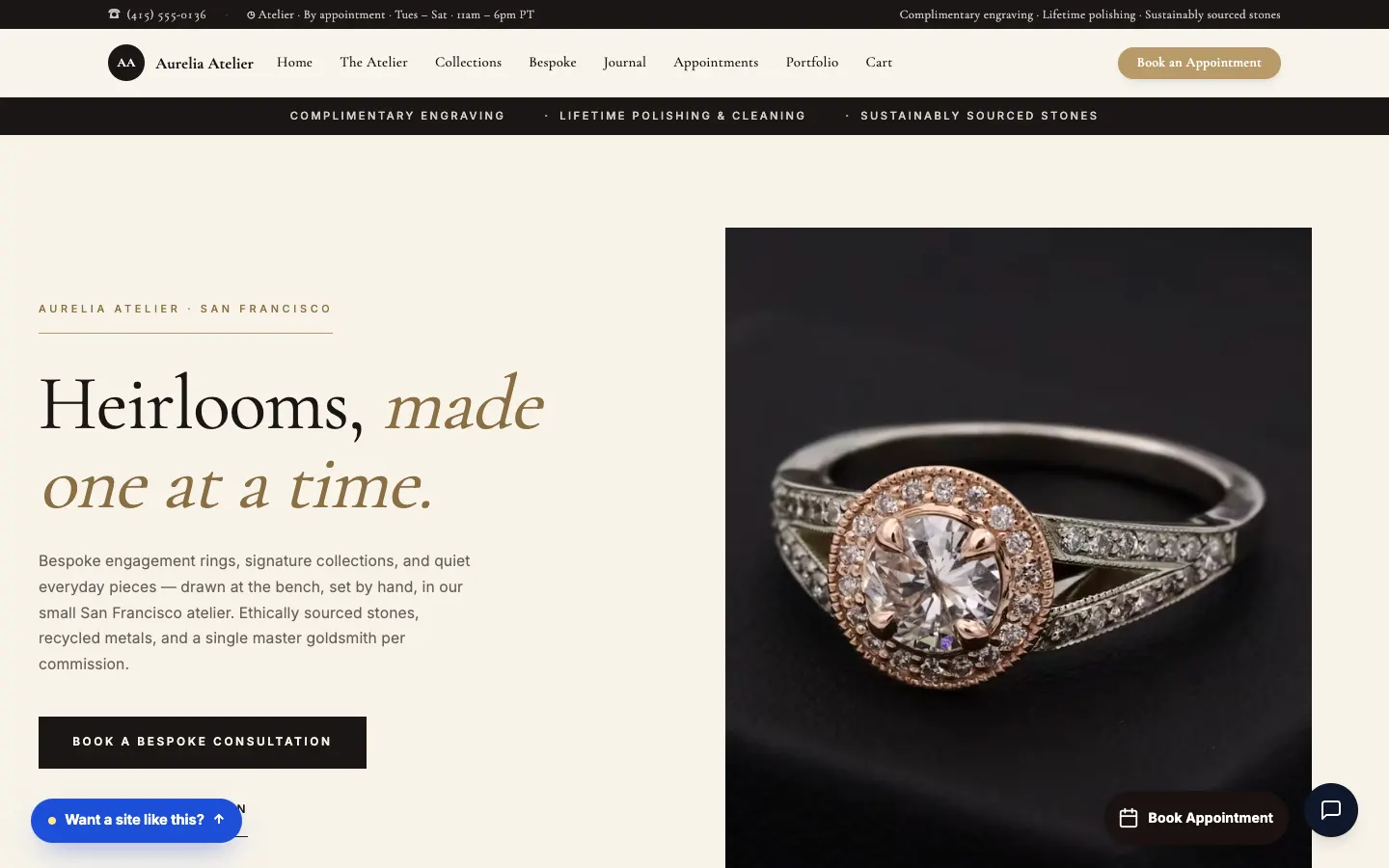 Screenshot of Aurelia Atelier, a Fine Jewelry & Bespoke website built on Workspace CMS — Bespoke Commission Process.