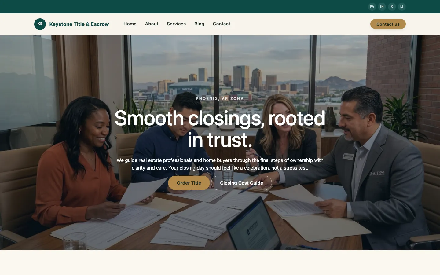 Screenshot of Keystone Title & Escrow, a Title & Escrow website built on WorkspaceCMS — Order-Title Intake Form + Five-Step Closing Timeline.