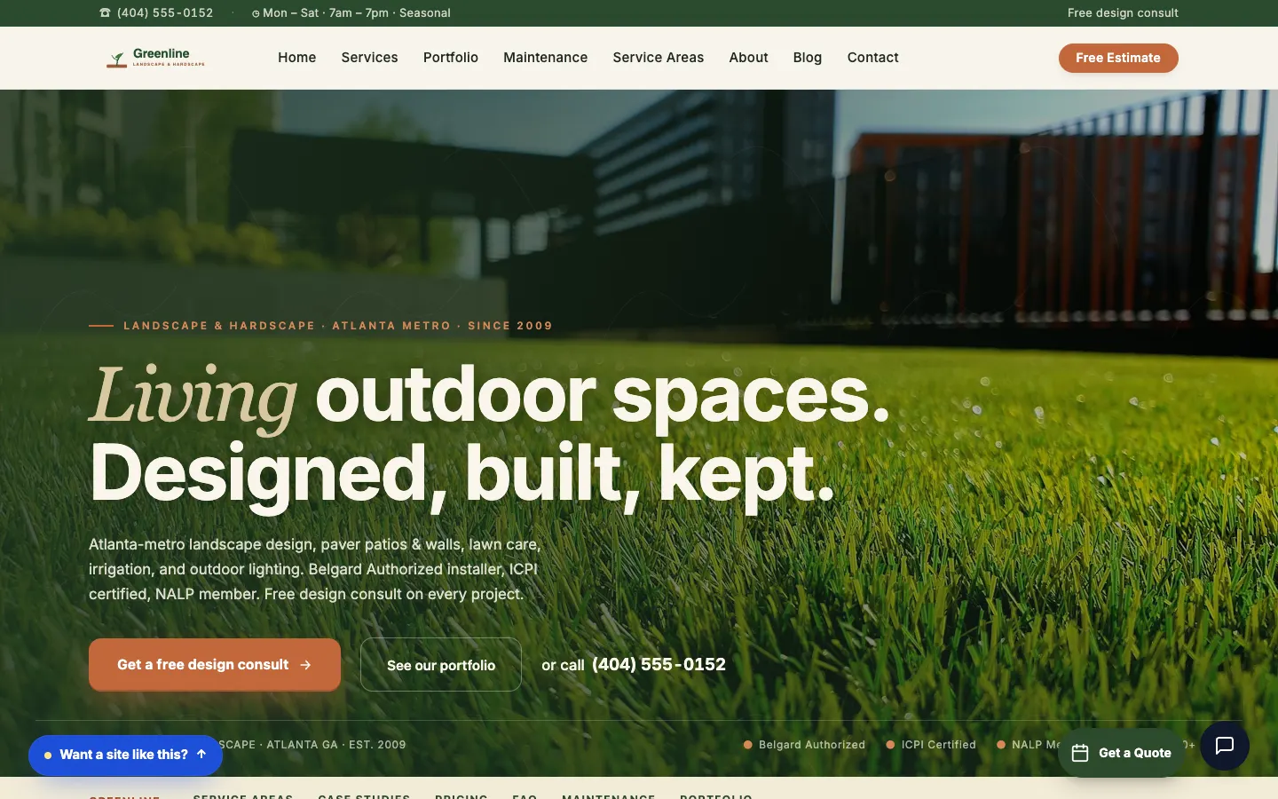 Screenshot of Greenline Landscape & Hardscape, a Landscape & Hardscape website built on Workspace CMS — Maintenance-Plan Ladder.