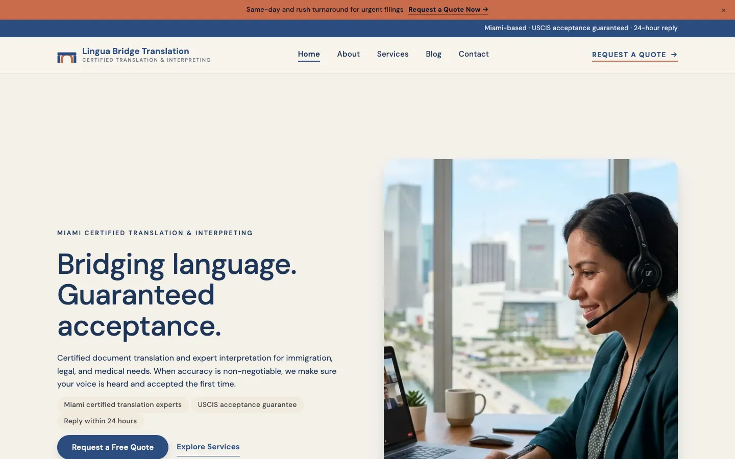 Screenshot of Lingua Bridge Translation, a Translation & Interpreting website built on WorkspaceCMS — Three Dedicated Service Pages, Each With Its Own Quote Form.