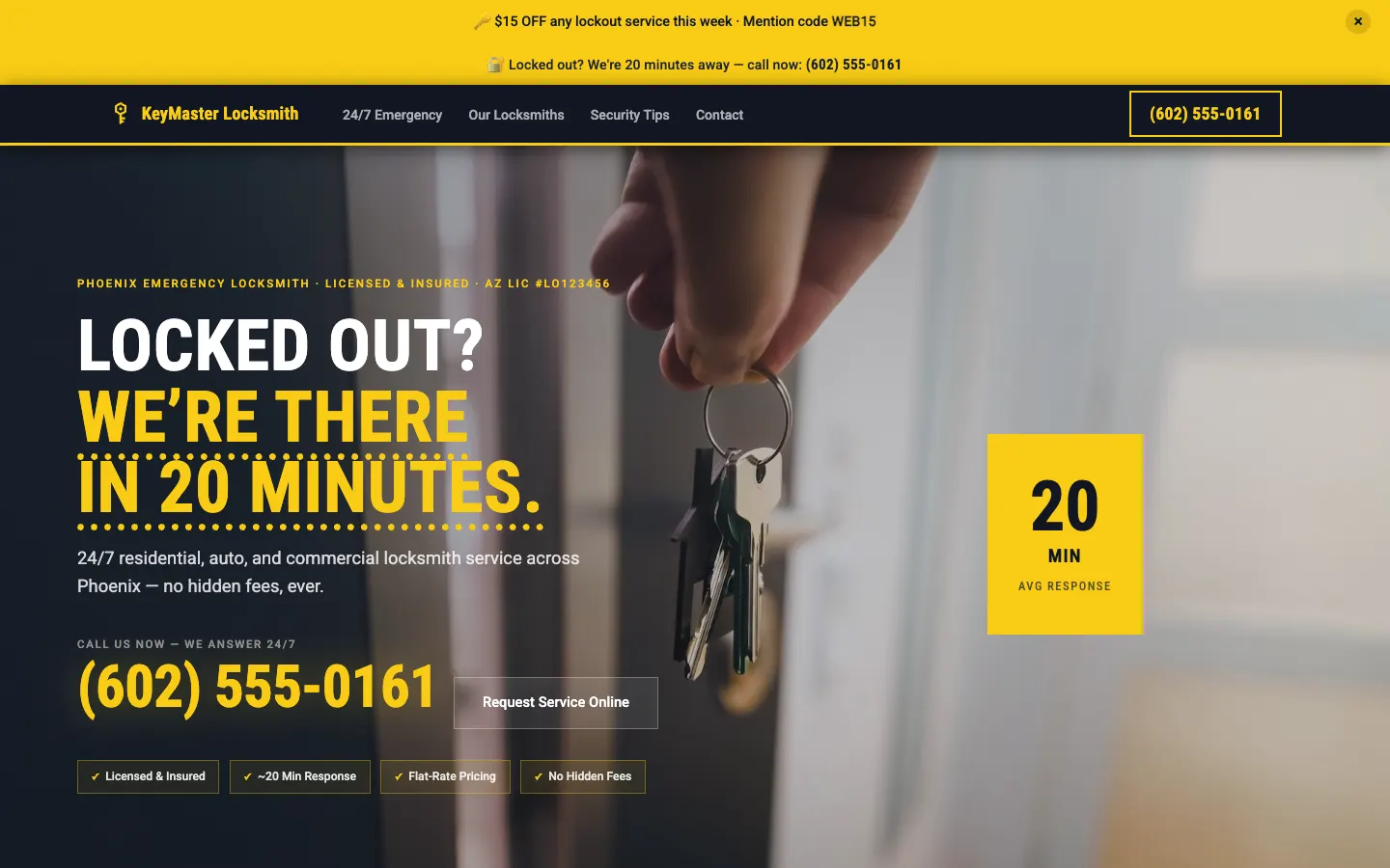 Screenshot of KeyMaster Locksmith & Security, a Locksmith & Security website built on WorkspaceCMS — Essentials: Emergency Locksmith Site.