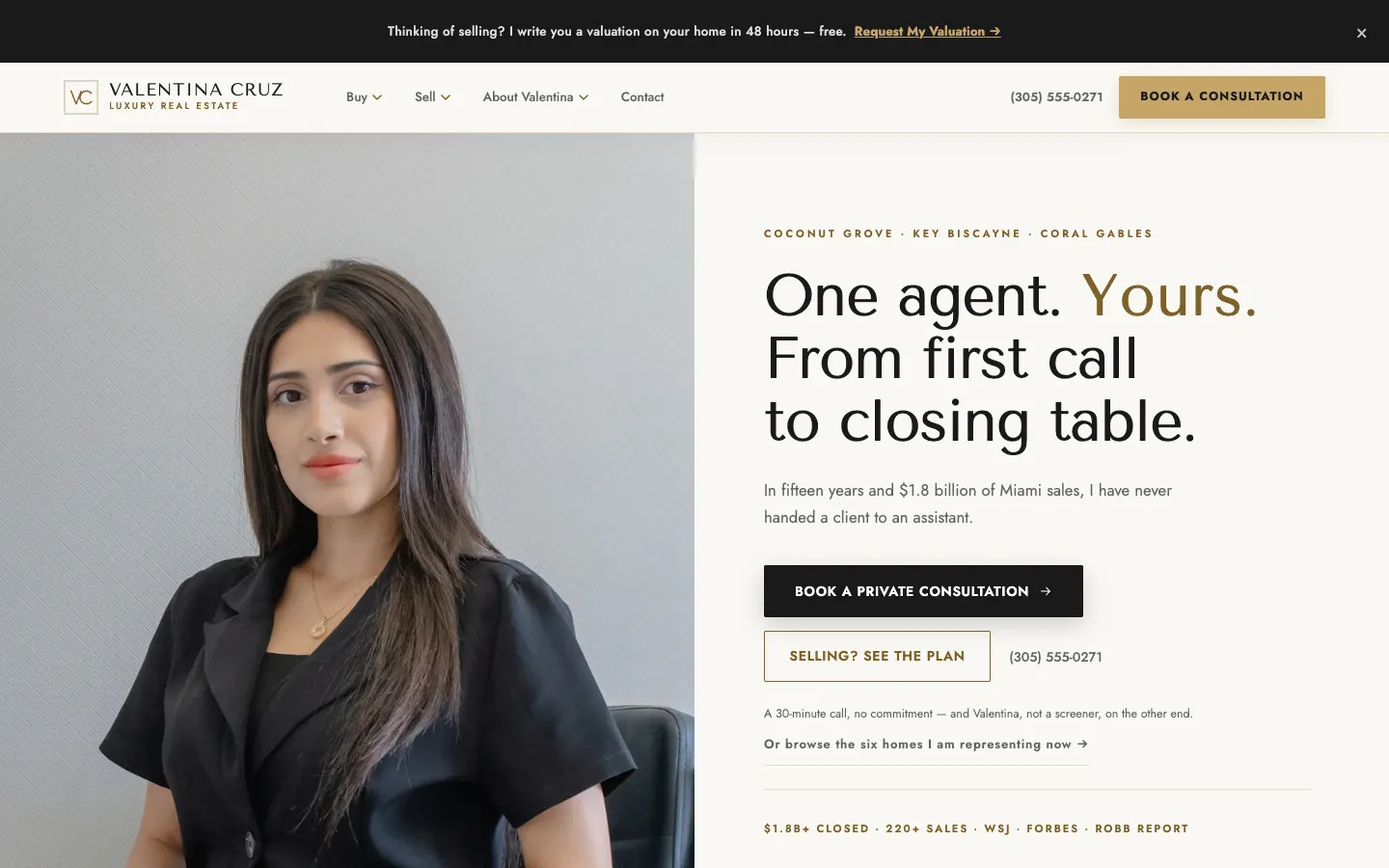 Screenshot of Valentina Cruz Luxury Real Estate, a Luxury Real Estate / Solo Agent website built on WorkspaceCMS — Personal Brand Storytelling.