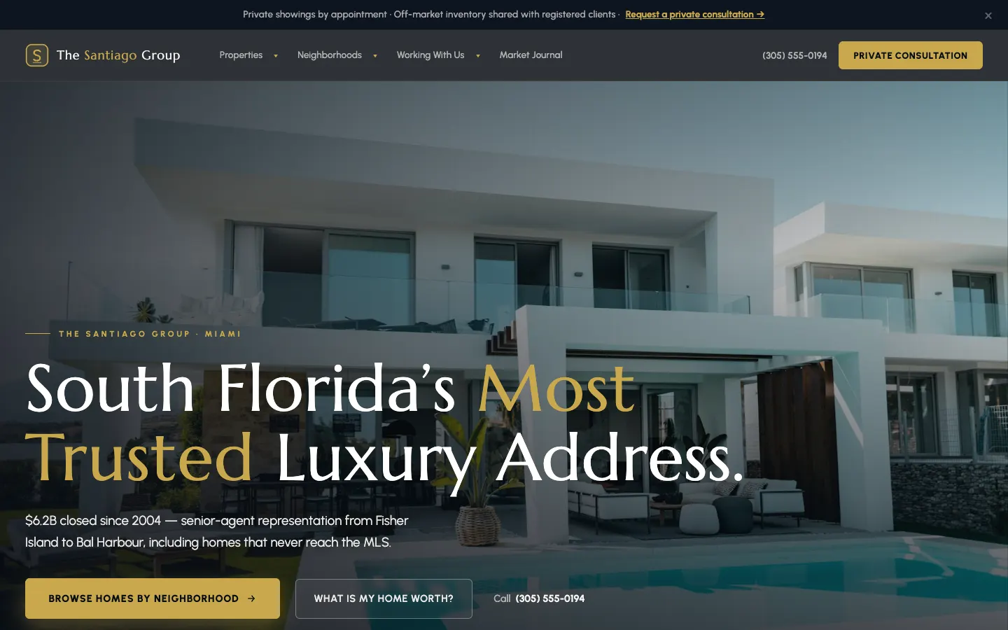 Screenshot of The Santiago Group, a Luxury Real Estate / Team website built on WorkspaceCMS — Condo Building IDX Pages.