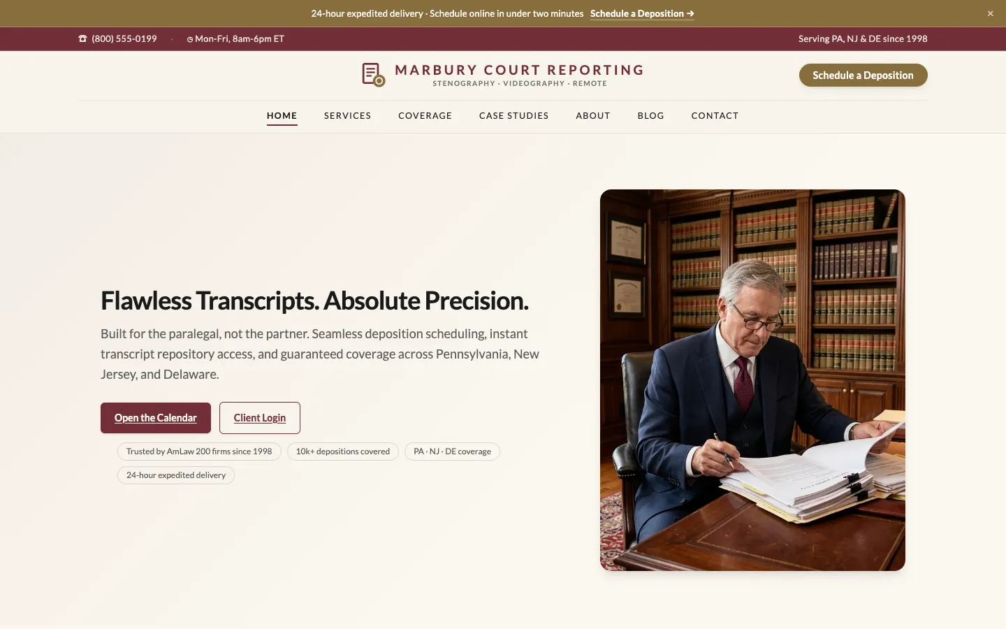 Screenshot of Marbury Court Reporting, a Court Reporting website built on WorkspaceCMS — Deposition Scheduling Request + PA/NJ/DE Coverage Page.