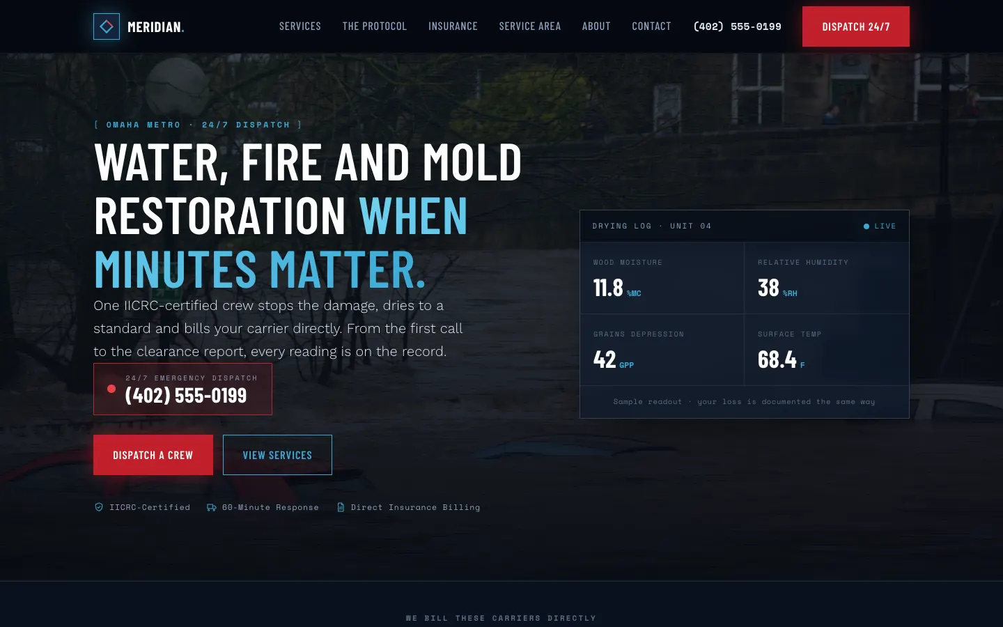 Screenshot of Meridian Restoration Group, a Restoration & Water Damage website built on WorkspaceCMS — Documented Drying Log + Five-Stage Response Protocol.