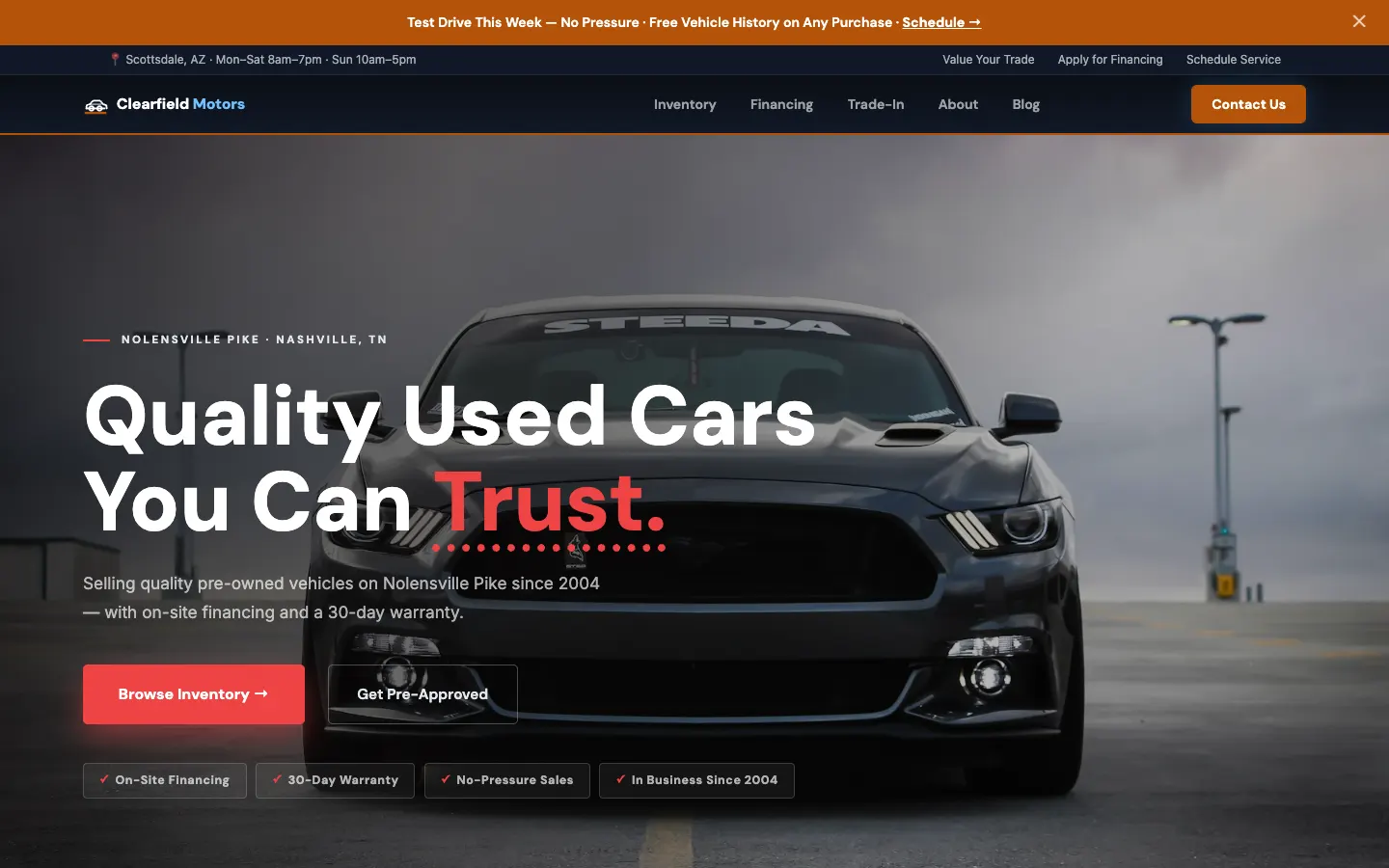Screenshot of Clearfield Motors, a Used Car Dealership website built on WorkspaceCMS — Vehicle Inventory Cards + Financing Trust Section.