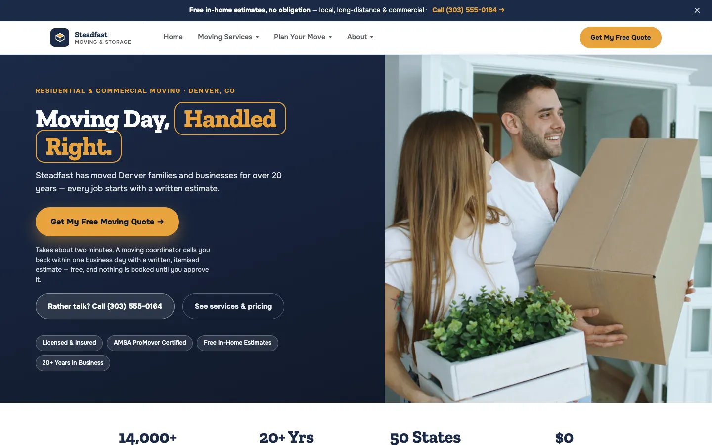Screenshot of Steadfast Moving & Storage, a Moving Company website built on WorkspaceCMS — Free Quote Flow + Licensing Trust Signals.