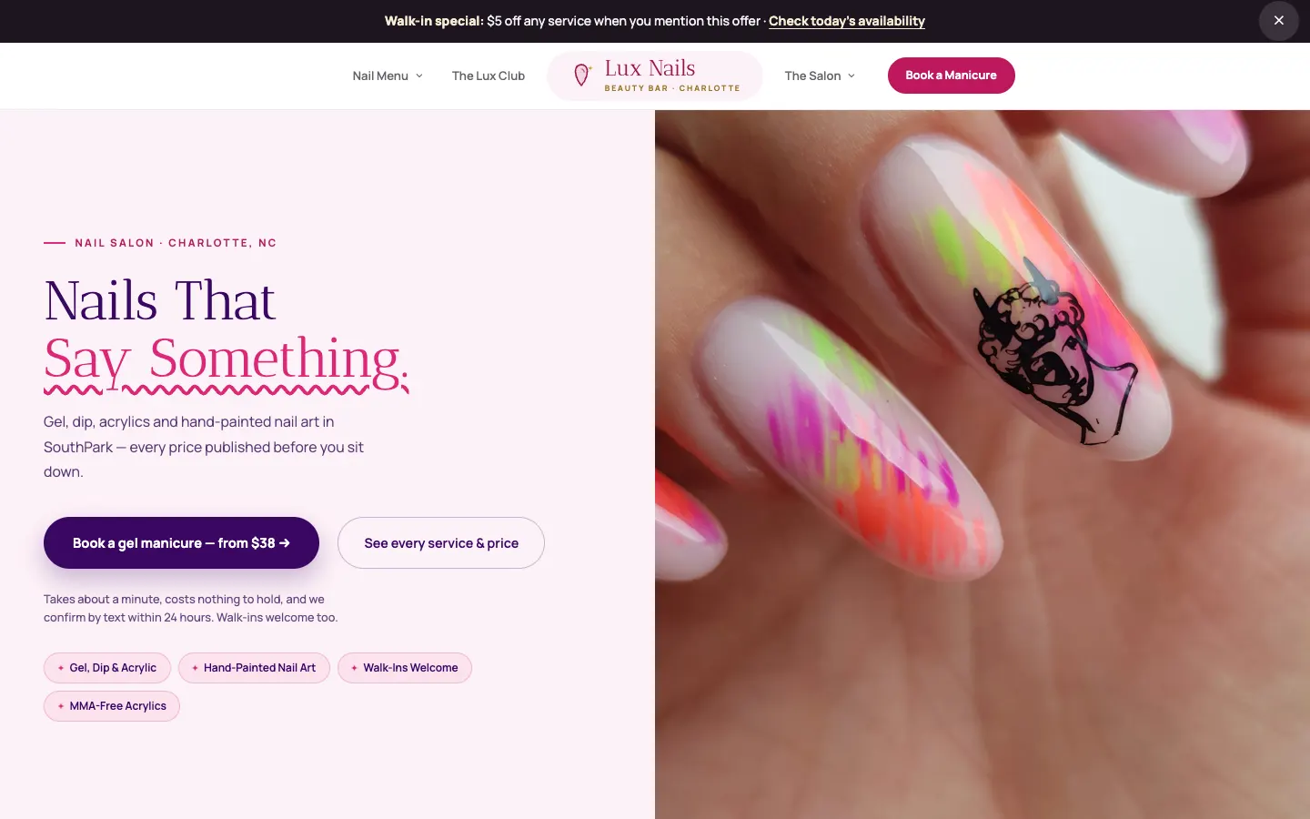 Screenshot of Lux Nails & Beauty Bar, a Nail Salon website built on WorkspaceCMS — Service Menu with Photo Cards + Online Booking.