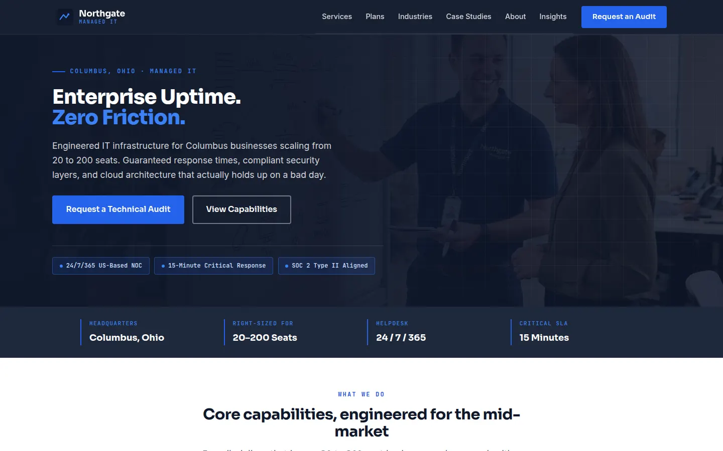 Screenshot of Northgate Managed IT, a Managed IT Services website built on WorkspaceCMS — Response-Time SLA Plans + Engineering Case Studies.