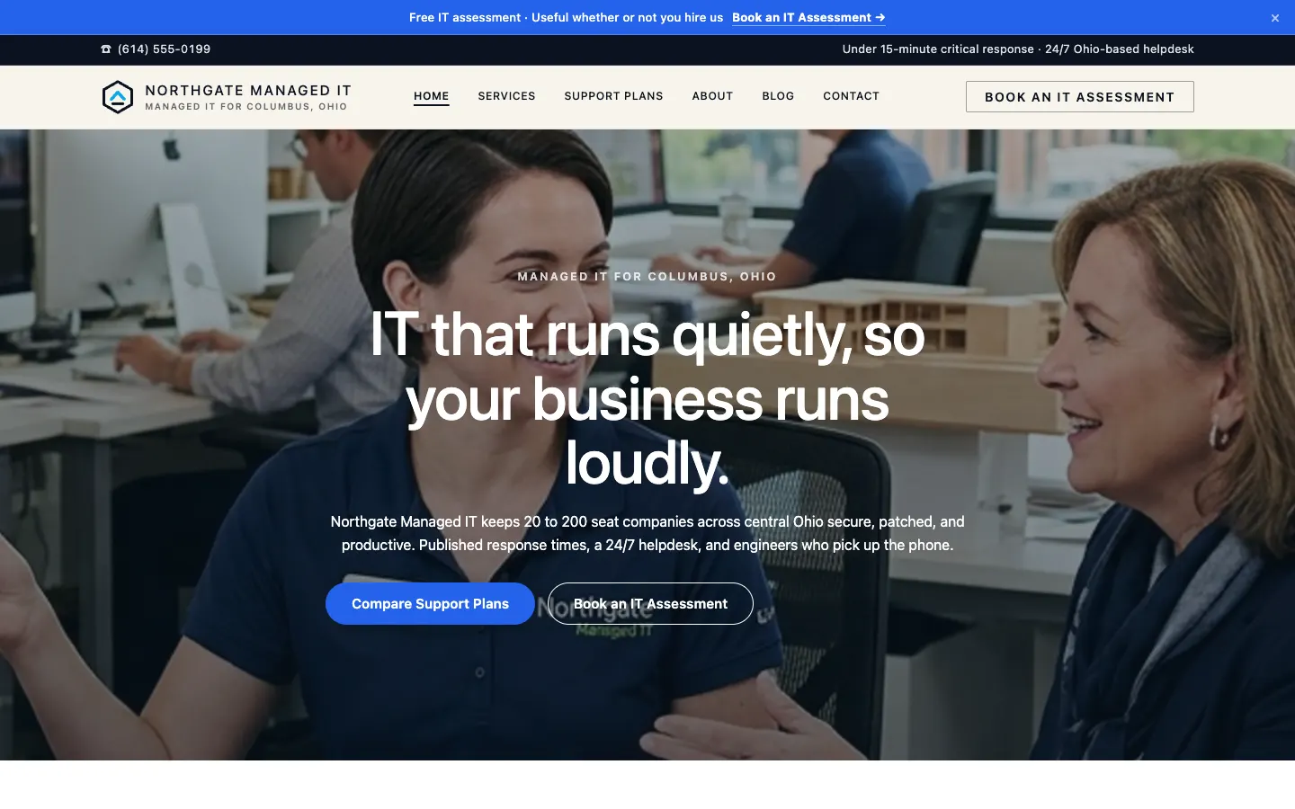 Screenshot of Northgate Managed IT, a Managed IT & Cybersecurity website built on WorkspaceCMS — Published Response-Time Plans + First-Month Onboarding Timeline.