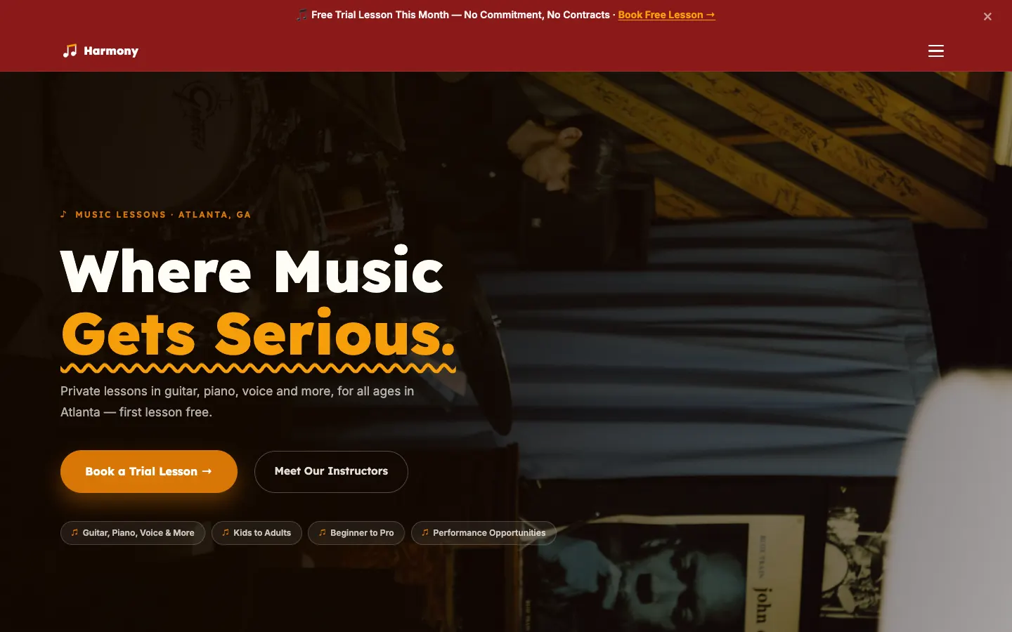 Screenshot of Harmony Music Academy, a Music School website built on WorkspaceCMS — Instrument & Age-Group Program Finder.