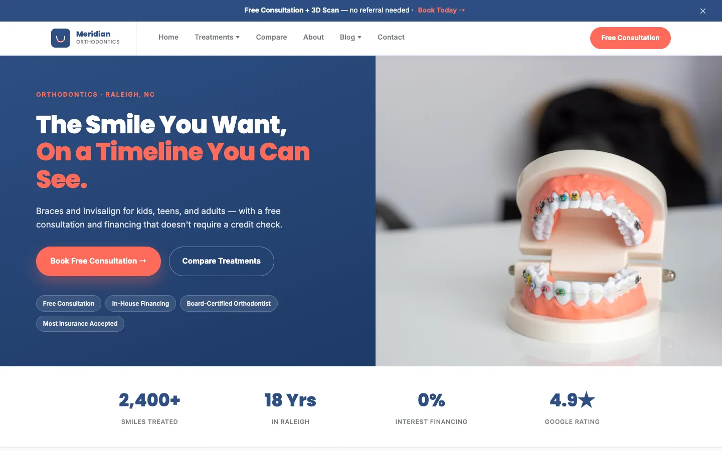 Screenshot of Meridian Orthodontics, a Orthodontics website built on WorkspaceCMS — Treatment Comparison + Free Consultation Booking.