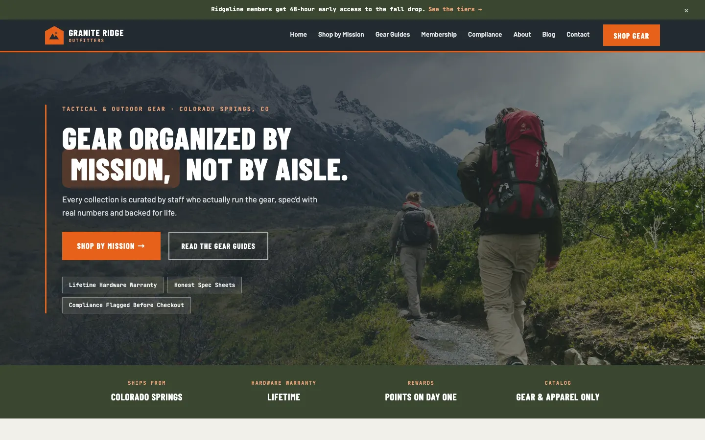 Screenshot of Granite Ridge Outfitters, a Tactical Gear website built on WorkspaceCMS — Shop-by-Mission Grid + Compliance-Aware Merchandising.