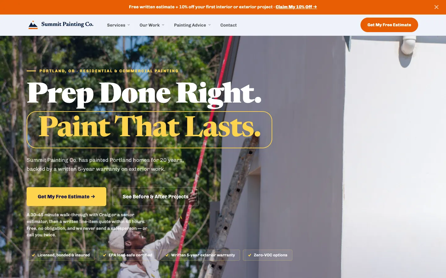 Screenshot of Summit Painting Co., a Painting Contractor website built on WorkspaceCMS — Color Consultation CTA + Portfolio Gallery.