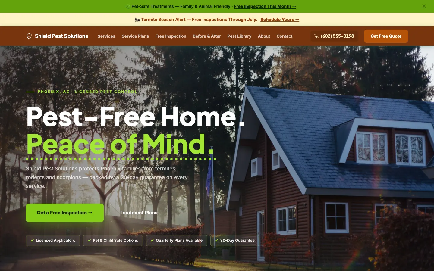 Screenshot of Shield Pest Solutions, a Pest Control website built on WorkspaceCMS — Service Guarantee + Seasonal Treatment Plans.