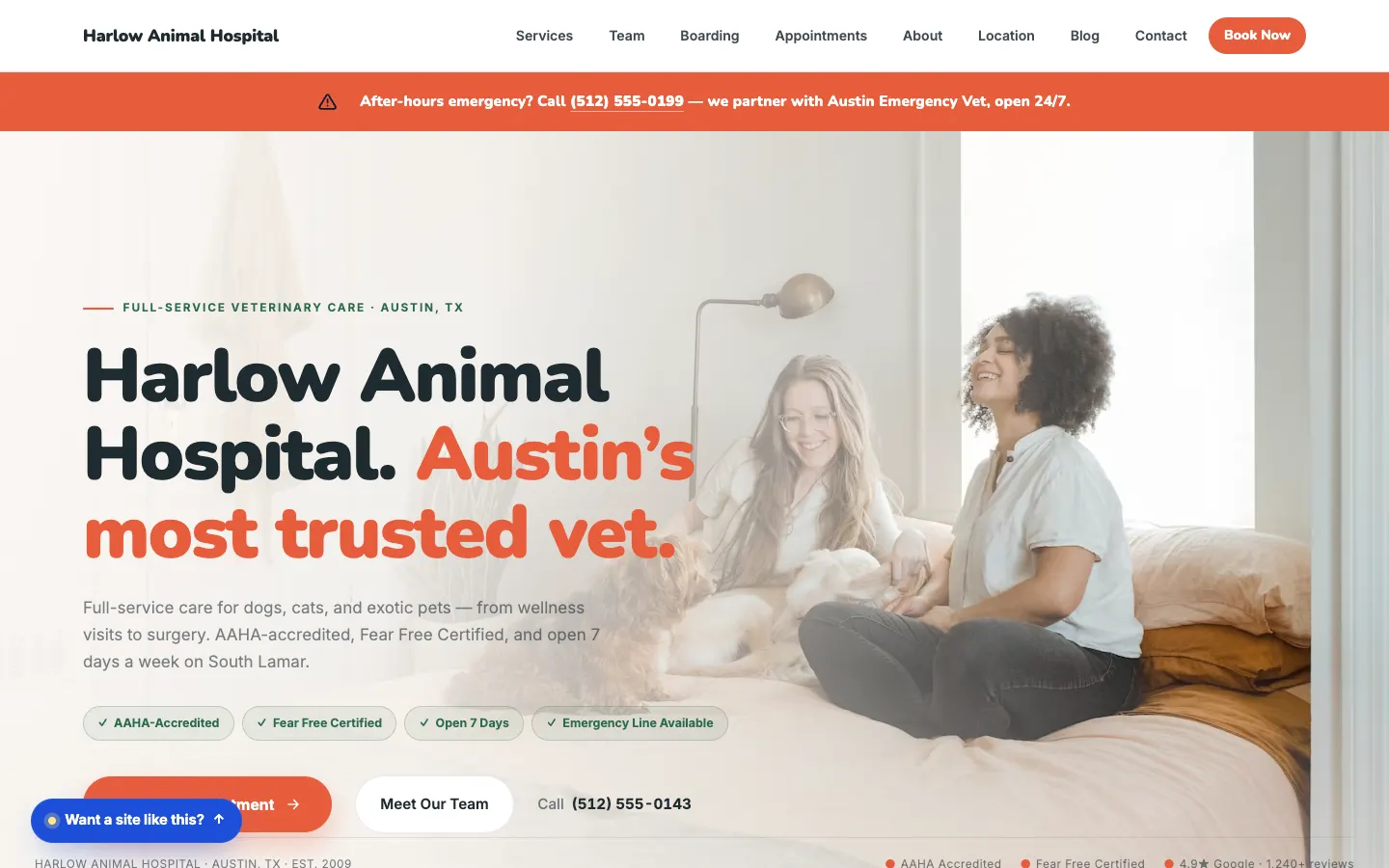 Screenshot of Harlow Animal Hospital, a Veterinary / Pet Care website built on Workspace CMS — Appointment Booking + Online Pharmacy.