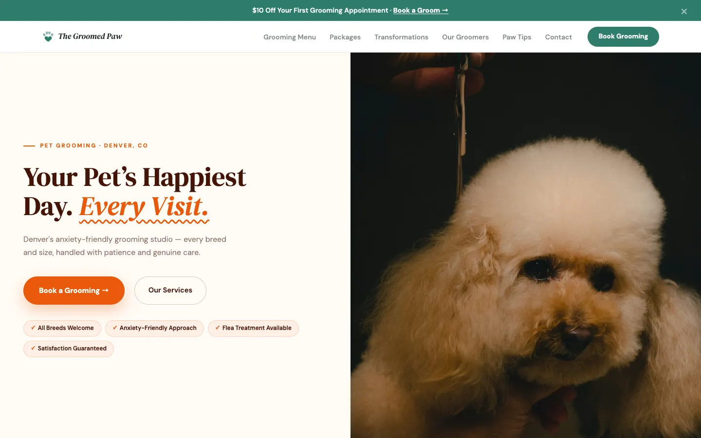 Screenshot of The Groomed Paw, a Pet Grooming website built on WorkspaceCMS — Breed Gallery + Before/After Grooming Showcase.