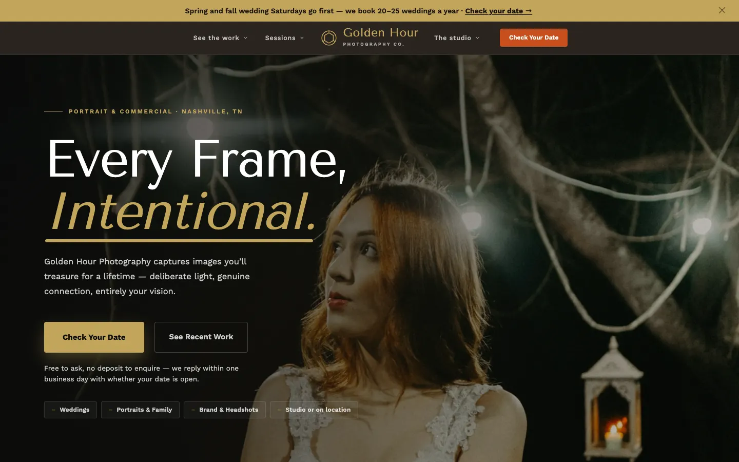 Screenshot of Golden Hour Photography Co., a Photography website built on WorkspaceCMS — Masonry Portfolio Gallery + Session Packages.