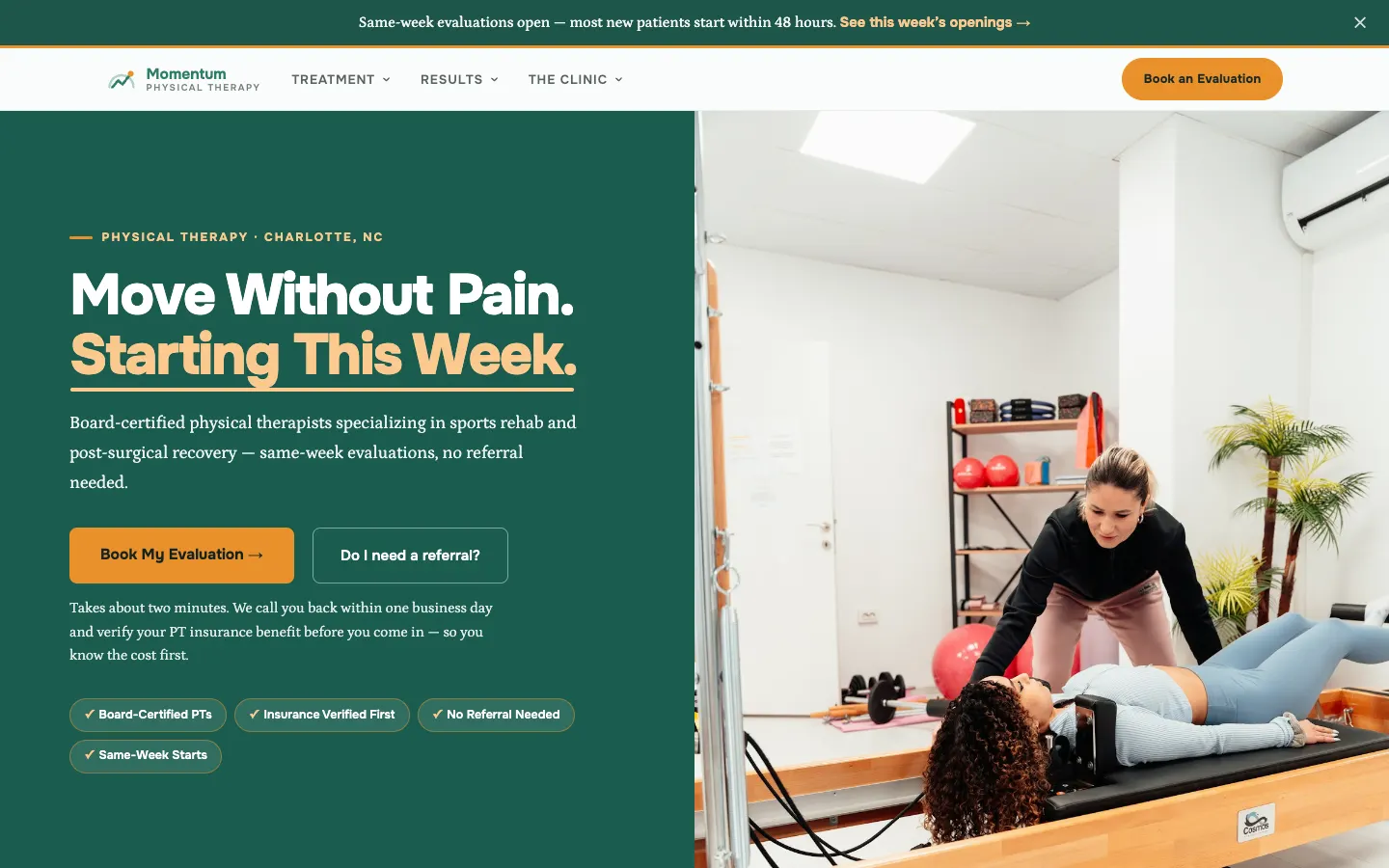 Screenshot of Momentum Physical Therapy, a Physical Therapy website built on WorkspaceCMS — Insurance & Referral Info Hub.
