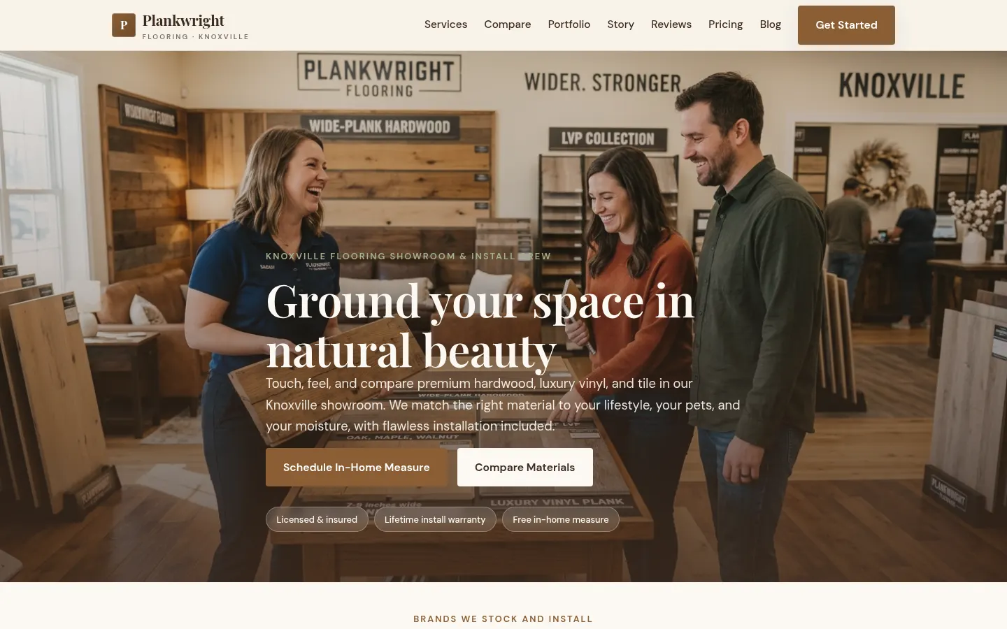 Screenshot of Plankwright Flooring, a Flooring Contractor website built on WorkspaceCMS — Compare-by-Room Material Tool + Installed Square-Foot Pricing.