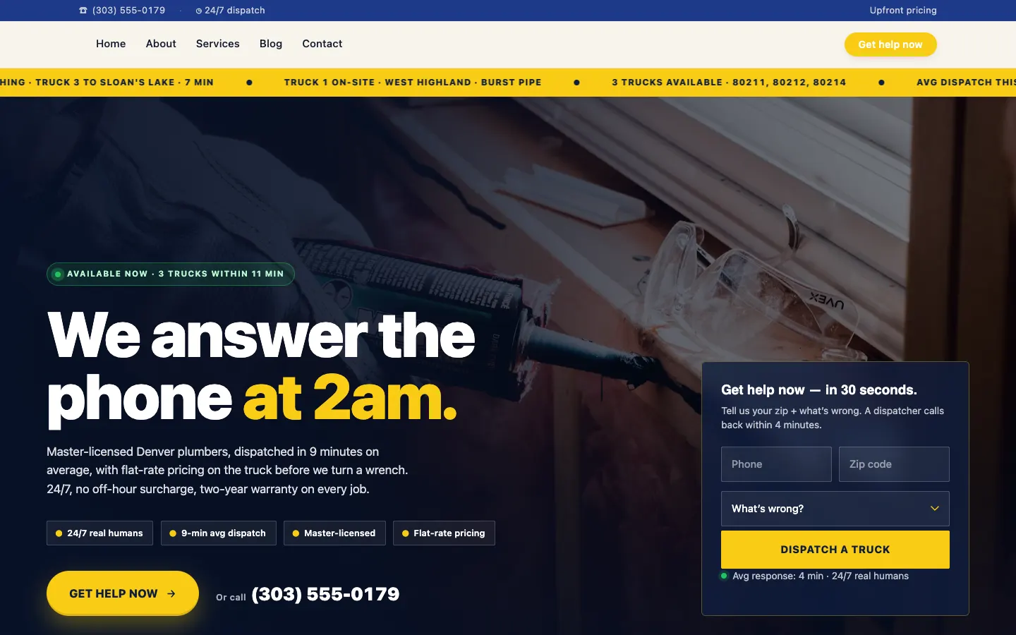 Screenshot of RapidFlow Plumbing & Drain, a Plumbing website built on Workspace CMS — Live Dispatch Board.