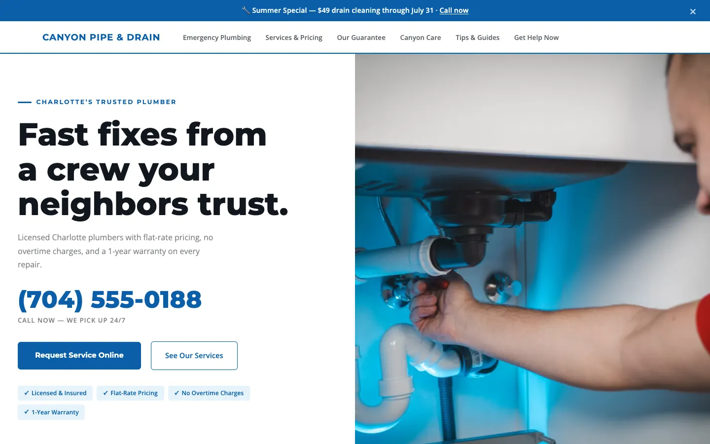 Screenshot of Canyon Pipe & Drain, a Plumbing & Emergency Service website built on WorkspaceCMS — Essentials: Emergency Service Site.
