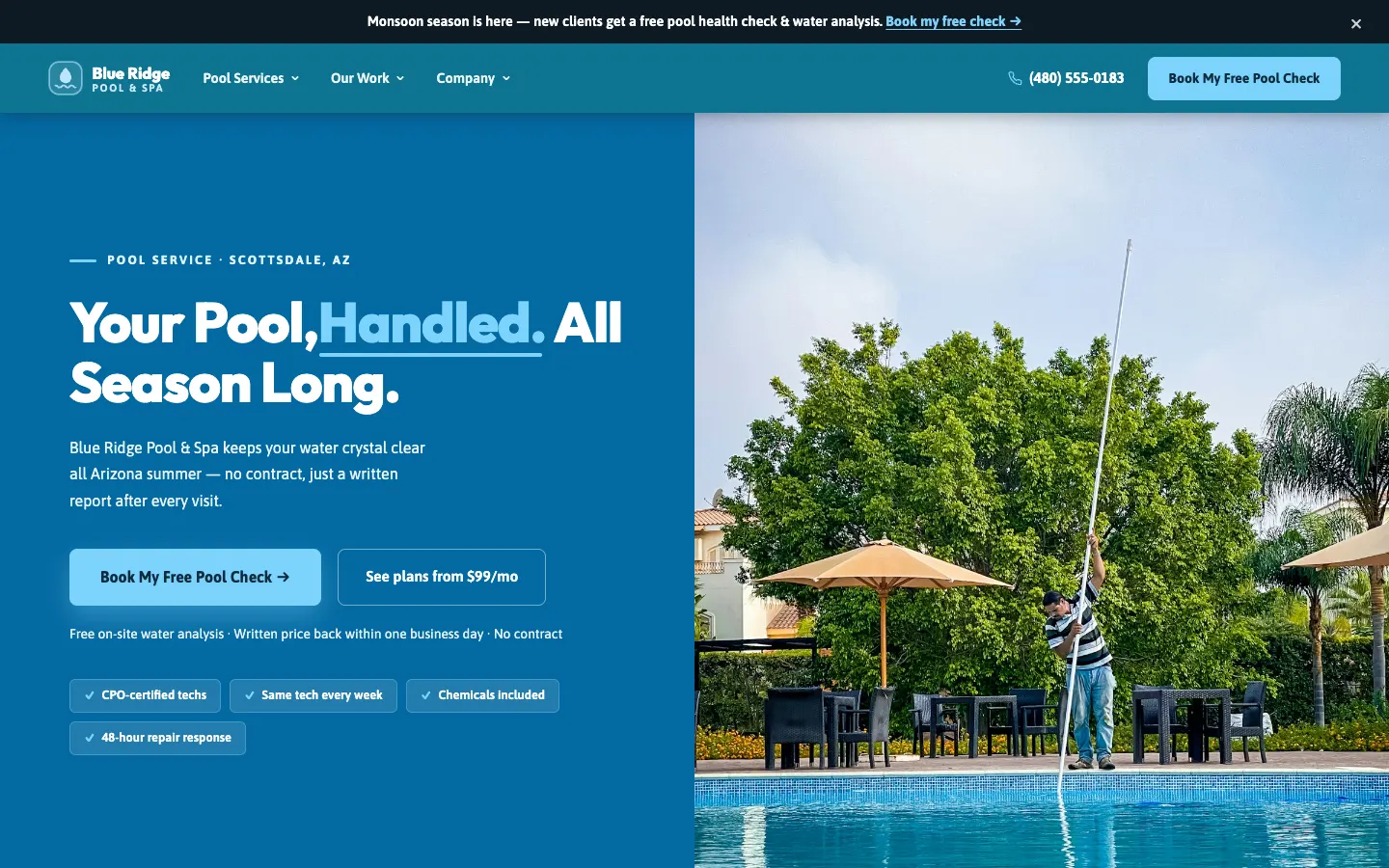 A pool service website built by WorkspaceCMS