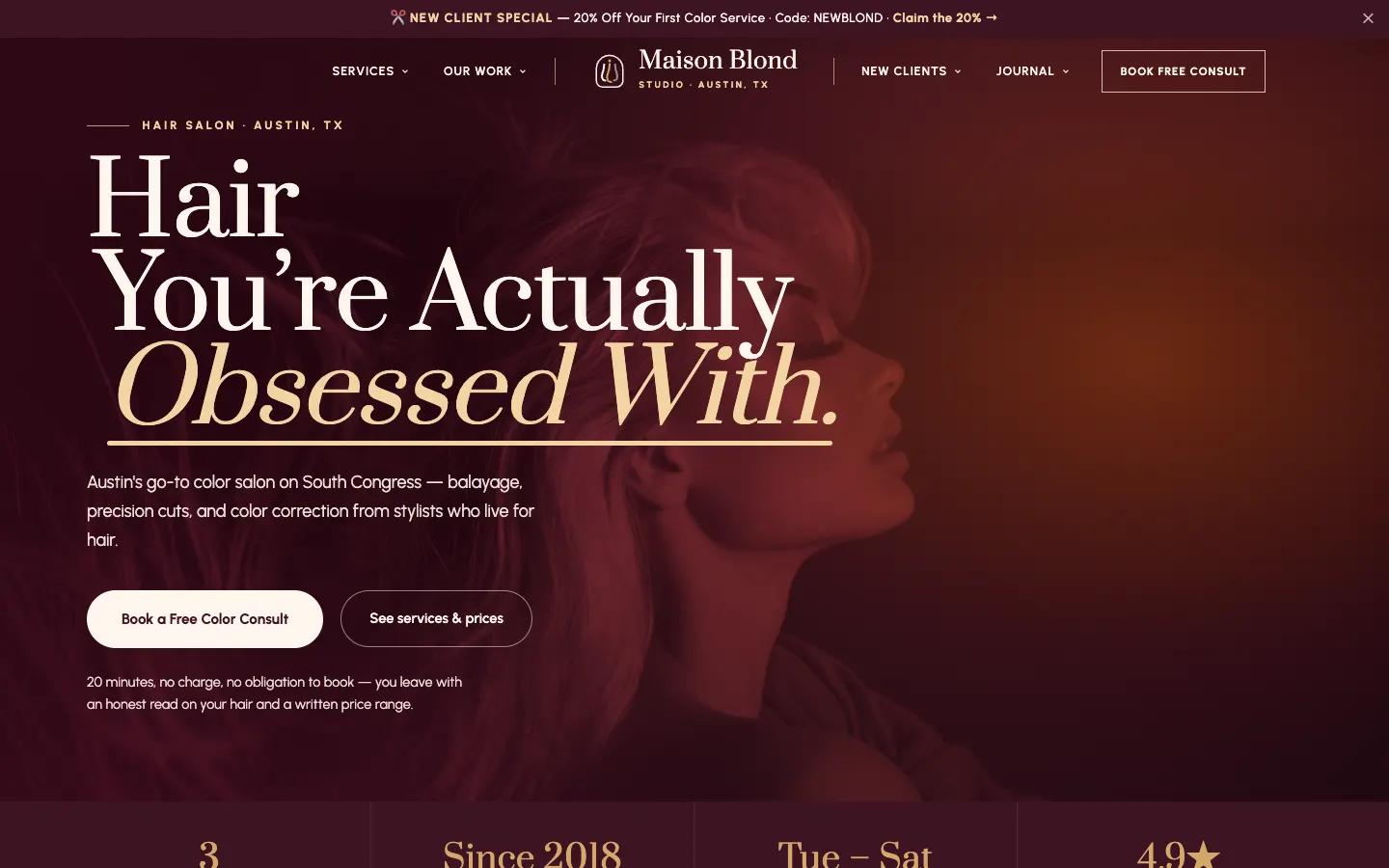 Screenshot of Maison Blond Studio, a Hair Salon website built on WorkspaceCMS — Stylist Portfolio + Before/After Gallery.