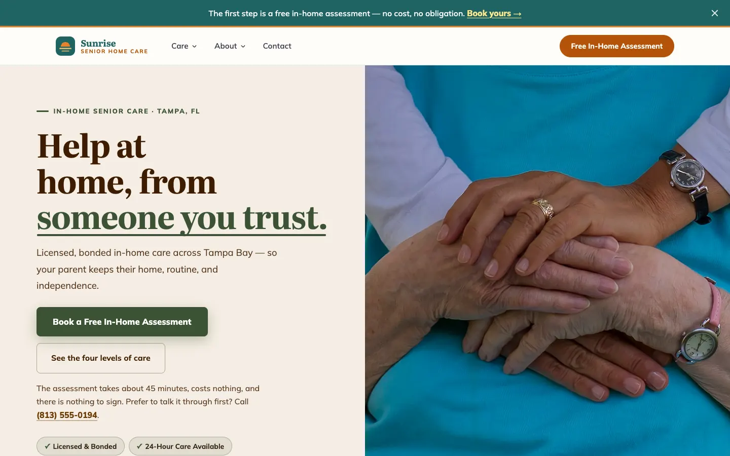 Screenshot of Sunrise Senior Home Care, a Senior Care website built on WorkspaceCMS — Caregiver Matching + Care Plan Guide.