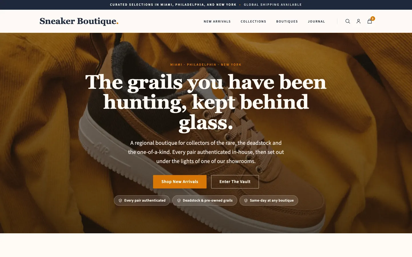 Screenshot of Sneaker Boutique, a Sneaker Resale website built on WorkspaceCMS — "Enter The Vault" Grails Collection + Sourcing Request.