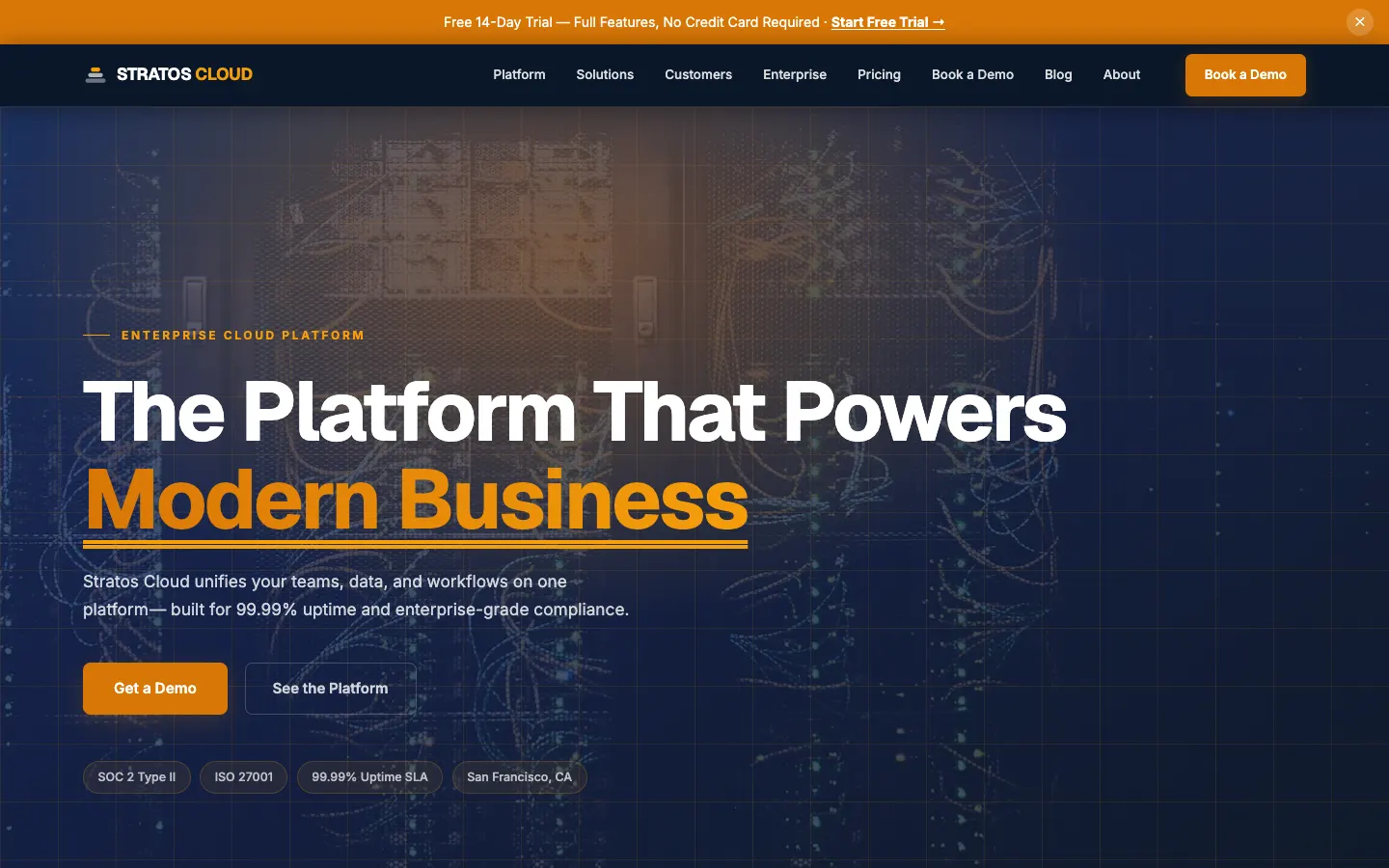 Screenshot of Stratos Cloud, a Enterprise SaaS Platform website built on WorkspaceCMS — Data Fabric + Workflow Engine + Security Layer.