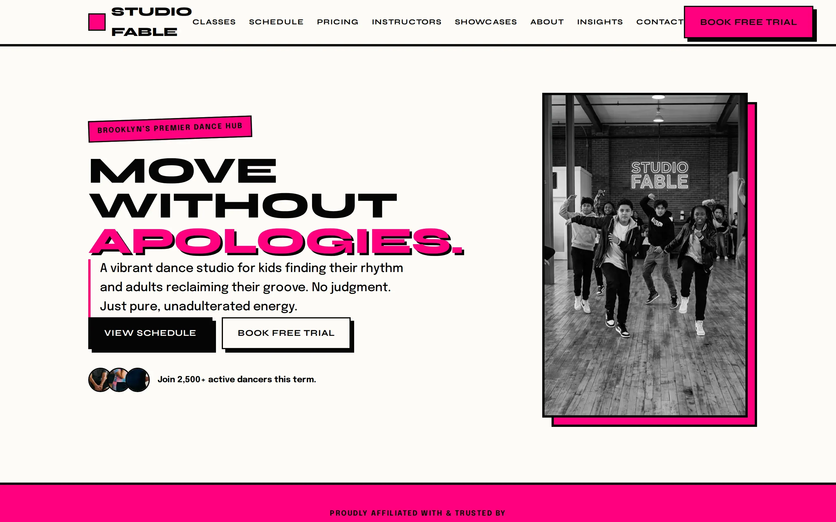 Screenshot of Studio Fable Dance, a Dance Studio website built on WorkspaceCMS — Weekly Schedule Grid + Free First-Class Trial.