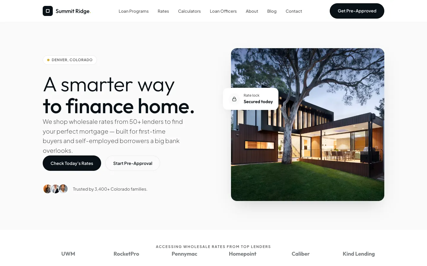 Screenshot of Summit Ridge Mortgage, a Mortgage Broker website built on WorkspaceCMS — Live Payment Calculator + Borrower Scenario Case Studies.