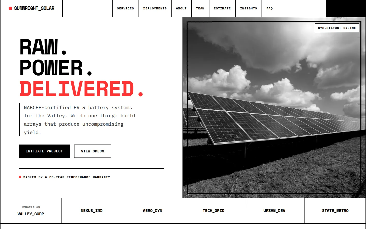Screenshot of SunWright Solar — Commercial, a Commercial Solar & Storage website built on WorkspaceCMS — Yield Estimator + Engineering Spec Tables.