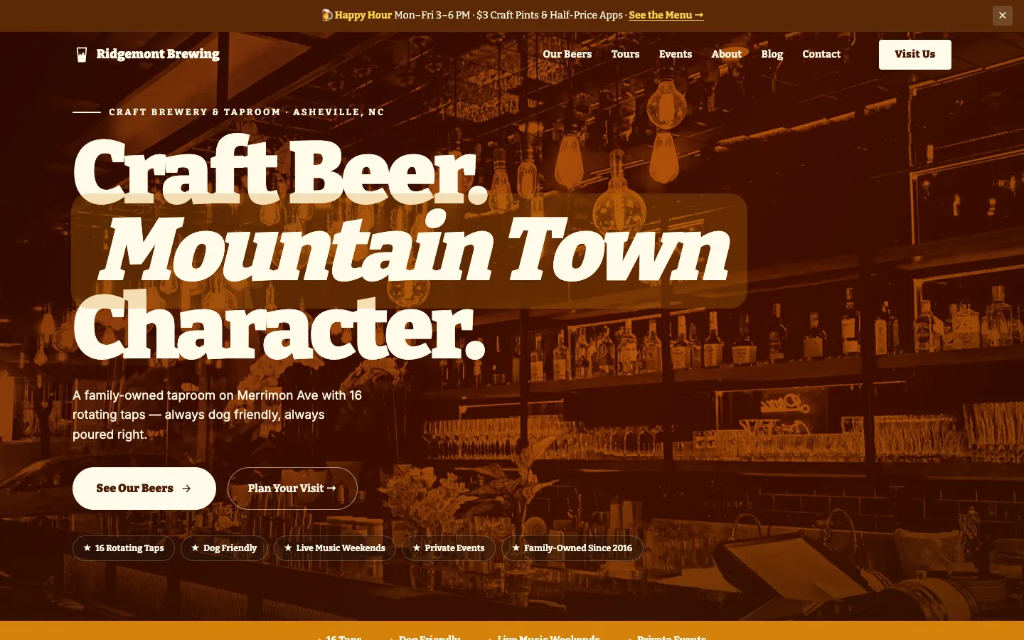 Screenshot of Ridgemont Brewing Co., a Craft Brewery website built on WorkspaceCMS — Rotating Tap List + Events Calendar.