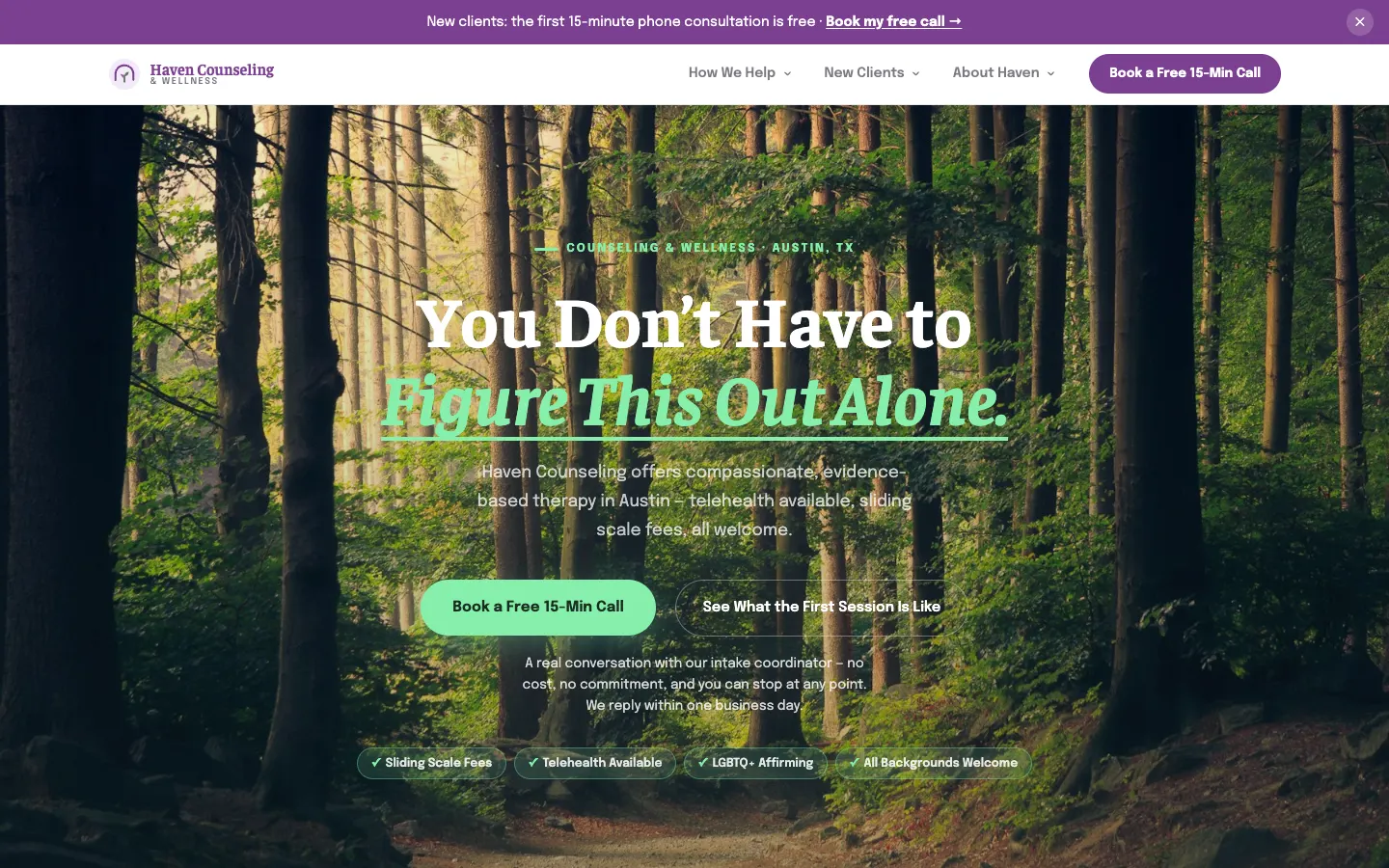 Screenshot of Haven Counseling & Wellness, a Mental Health Therapy website built on WorkspaceCMS — Specialty Modality Pages + Intake Form.