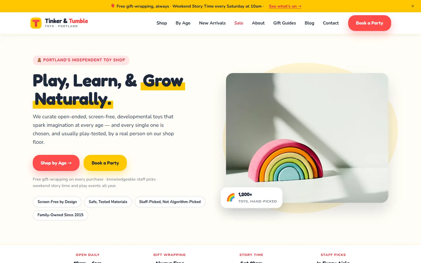 Screenshot of Tinker & Tumble Toys, a Toy Store website built on WorkspaceCMS — Shop-by-Age + Birthday-Party Booking Flow.