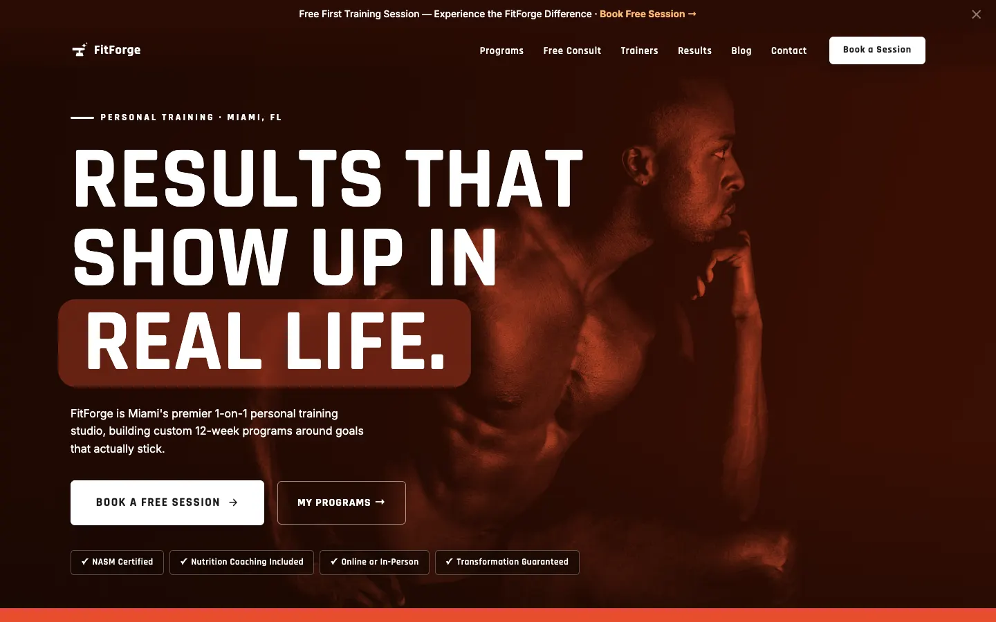 Screenshot of FitForge Personal Training, a Personal Training website built on WorkspaceCMS — Training Program Menu + Trainer Matchup.