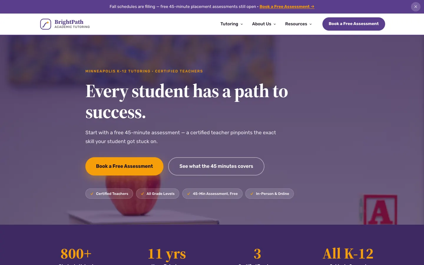 Screenshot of BrightPath Academic Tutoring, a Academic Tutoring website built on WorkspaceCMS — Essentials: Tutoring Service Site.