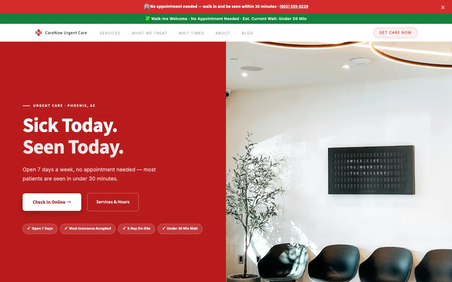Screenshot of CareNow Urgent Care, a Urgent Care website built on WorkspaceCMS — Live Wait Time Widget.