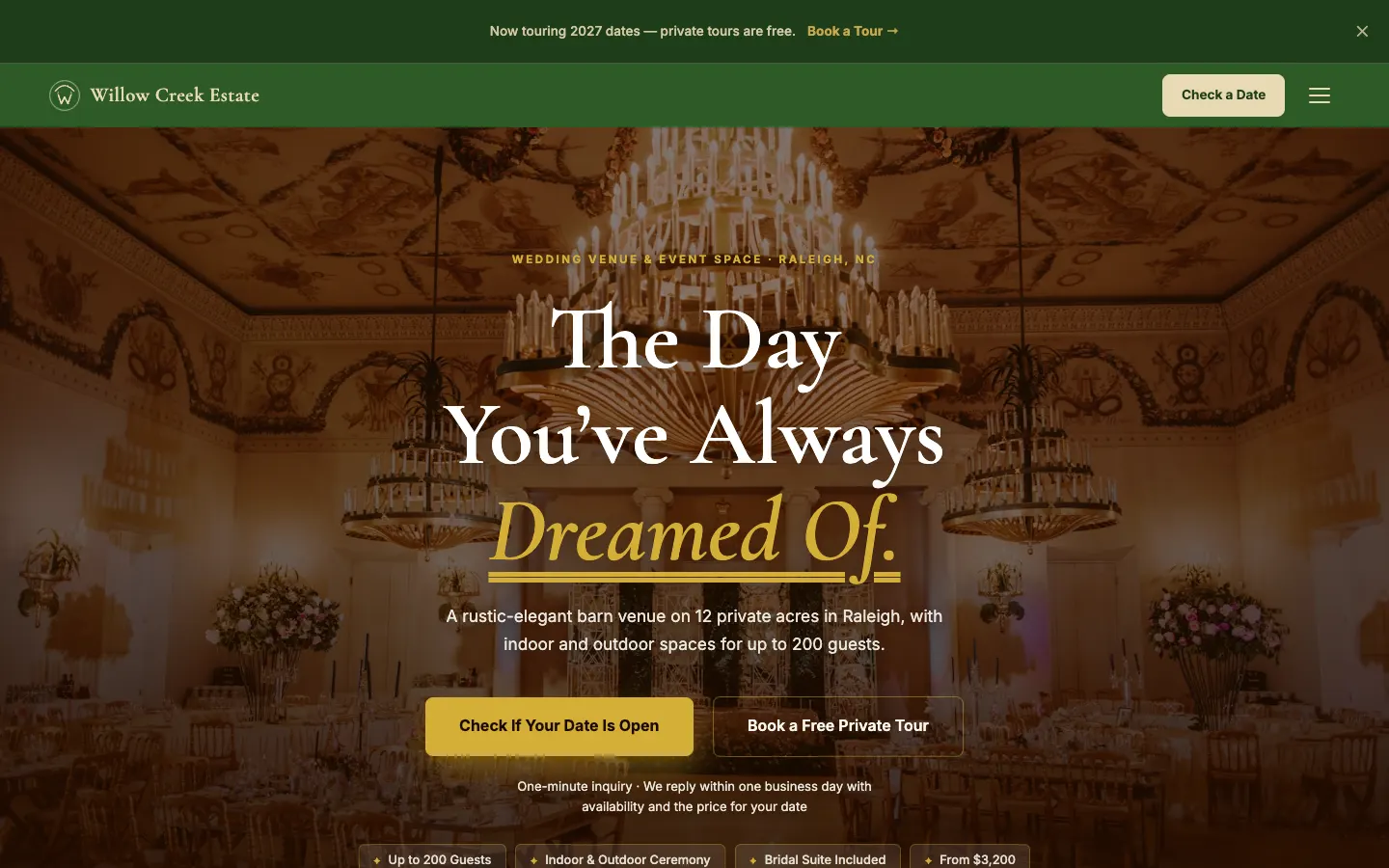 Screenshot of Willow Creek Estate, a Wedding Venue website built on WorkspaceCMS — Space Cards + Tiered Rental Pricing.