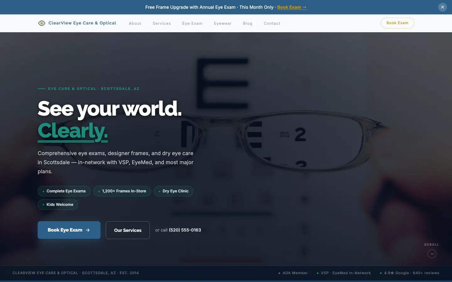 Screenshot of ClearView Eye Care & Optical, a Optometry website built on WorkspaceCMS — Exam Booking + Optical Shop Preview.