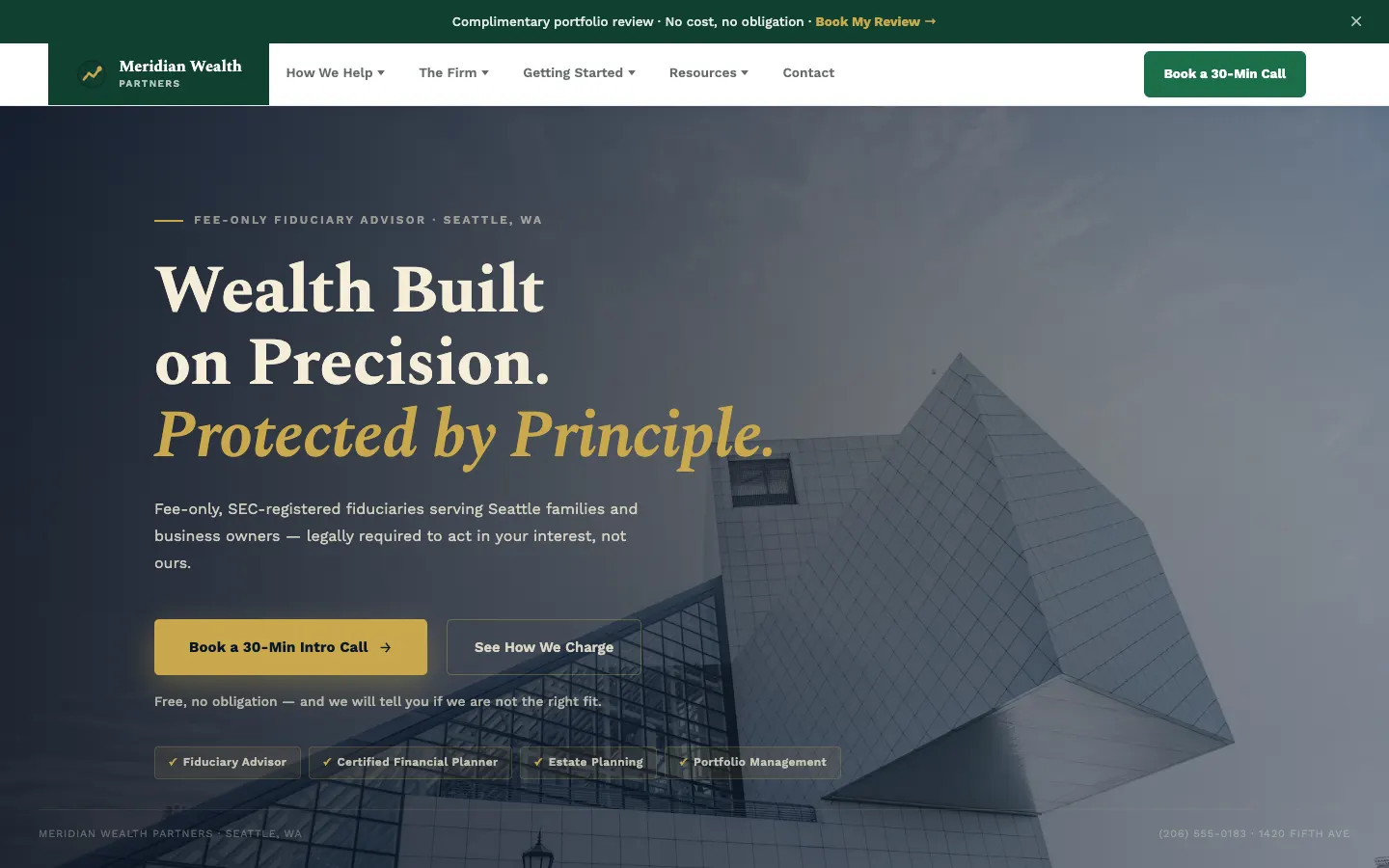 Screenshot of Meridian Wealth Partners, a Financial Advisory website built on WorkspaceCMS — Fiduciary Commitment Section + Advisor Bios.